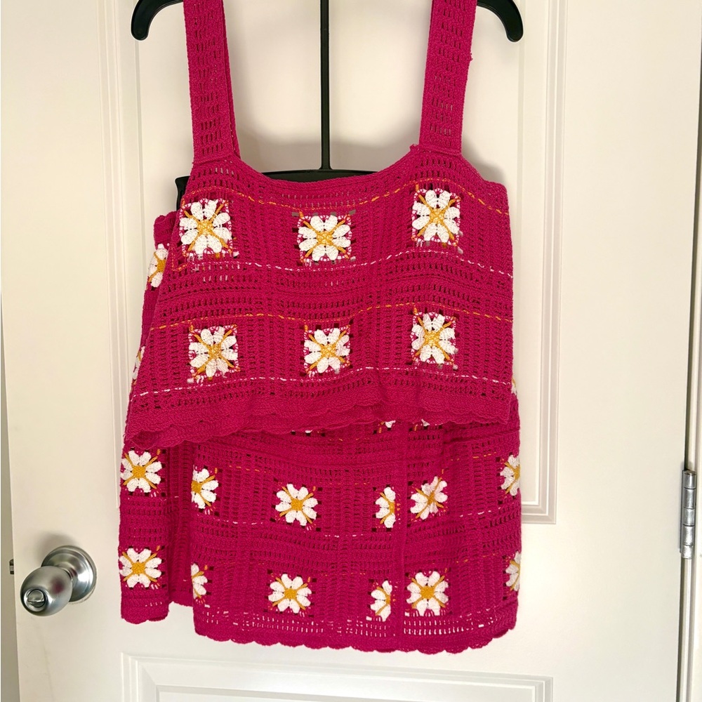 Pink Crochet Floral Top and Skirt Set